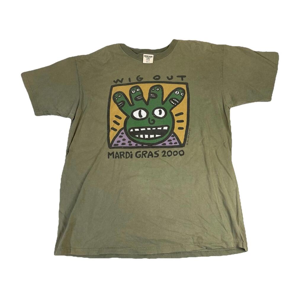 Vintage‎ Big Head Mardi Gras Wig Out Cartoon Face T Shirt Green Men’s XL